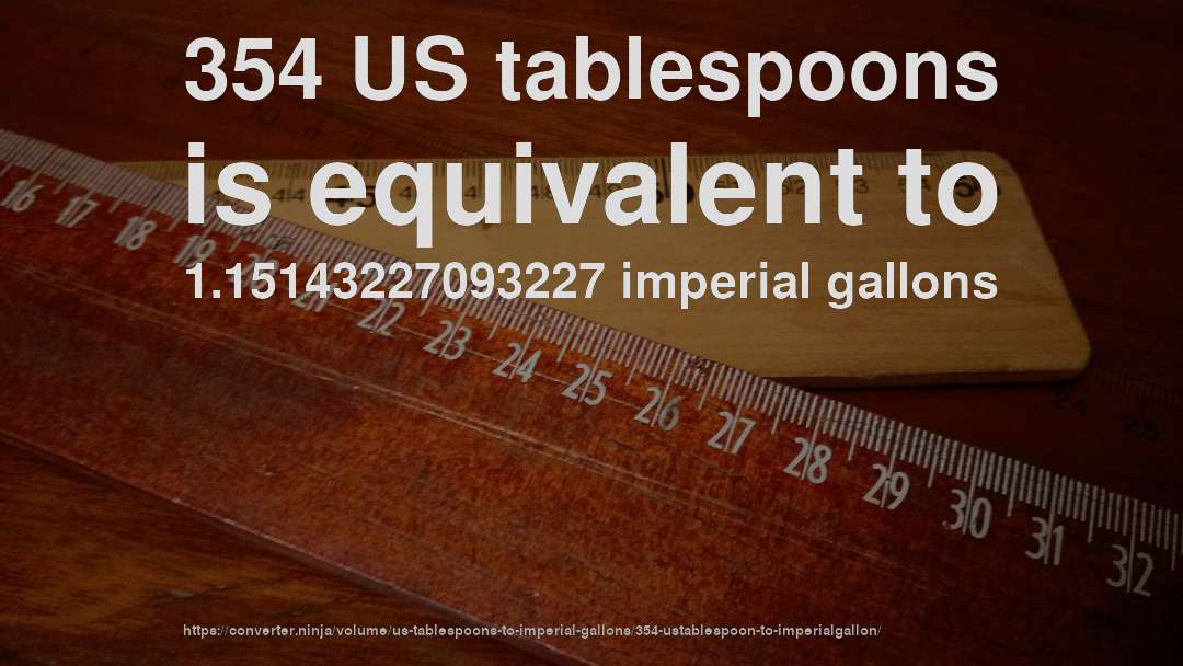 354 US tablespoons is equivalent to 1.15143227093227 imperial gallons
