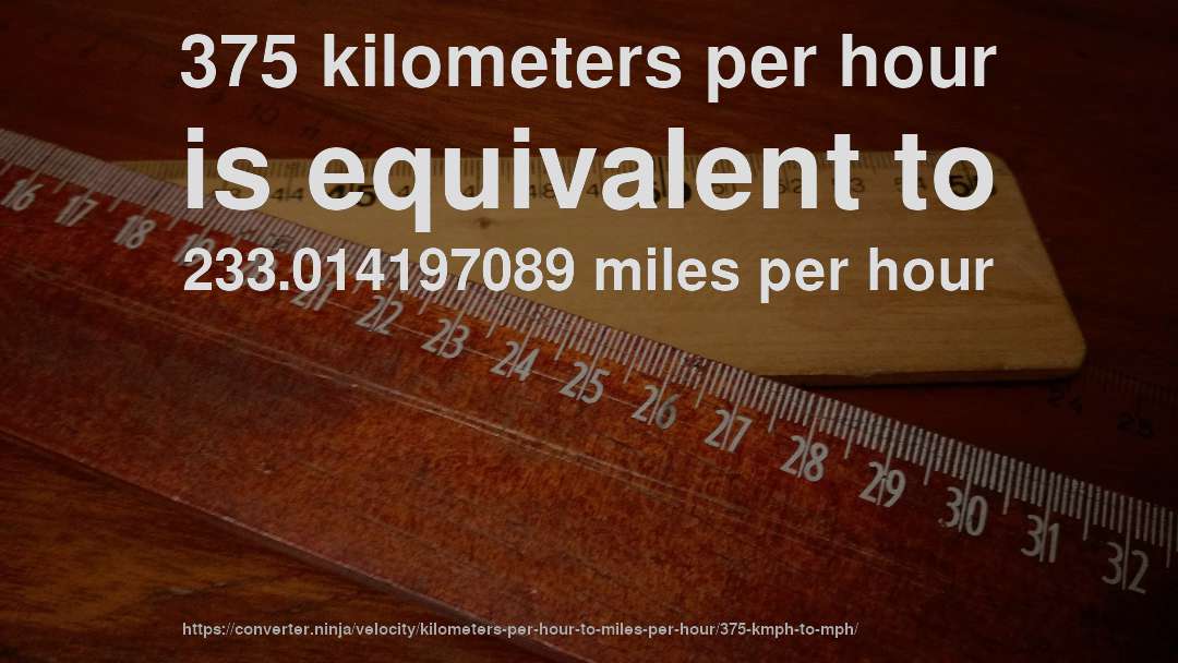 375 kilometers per hour is equivalent to 233.014197089 miles per hour