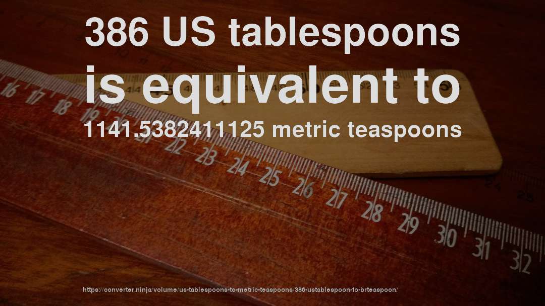 386 US tablespoons is equivalent to 1141.5382411125 metric teaspoons