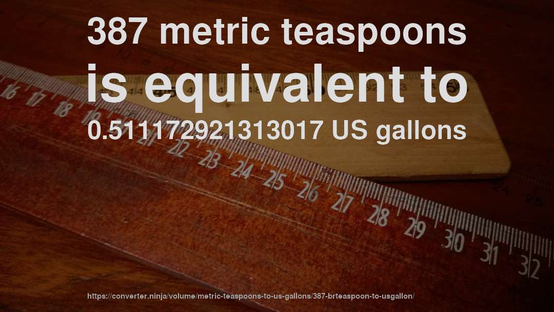 387 metric teaspoons is equivalent to 0.511172921313017 US gallons