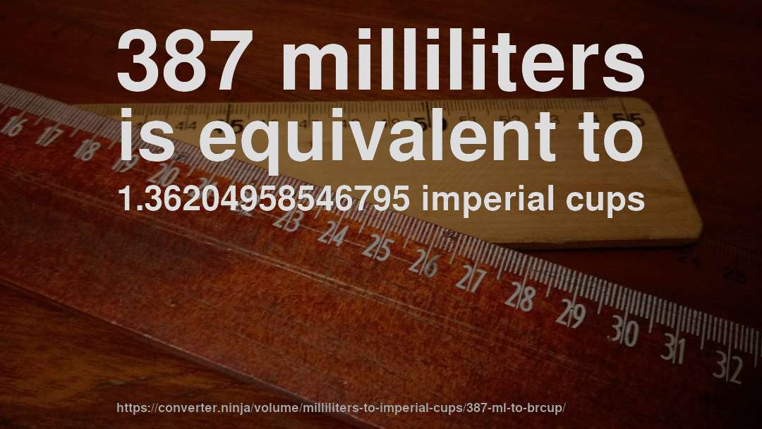 387 milliliters is equivalent to 1.36204958546795 imperial cups