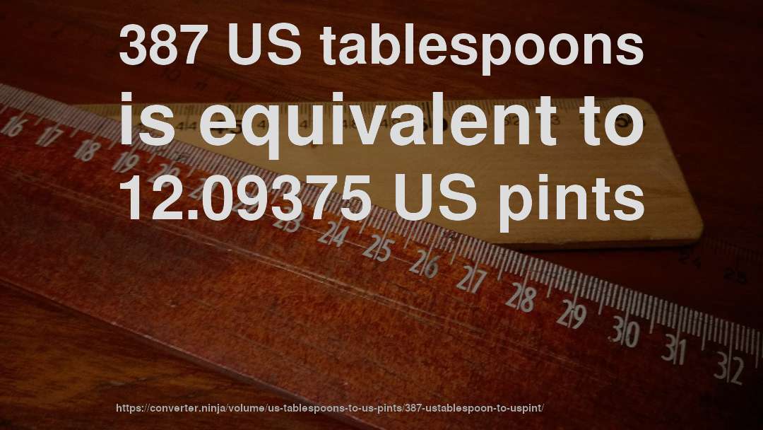 387 US tablespoons is equivalent to 12.09375 US pints