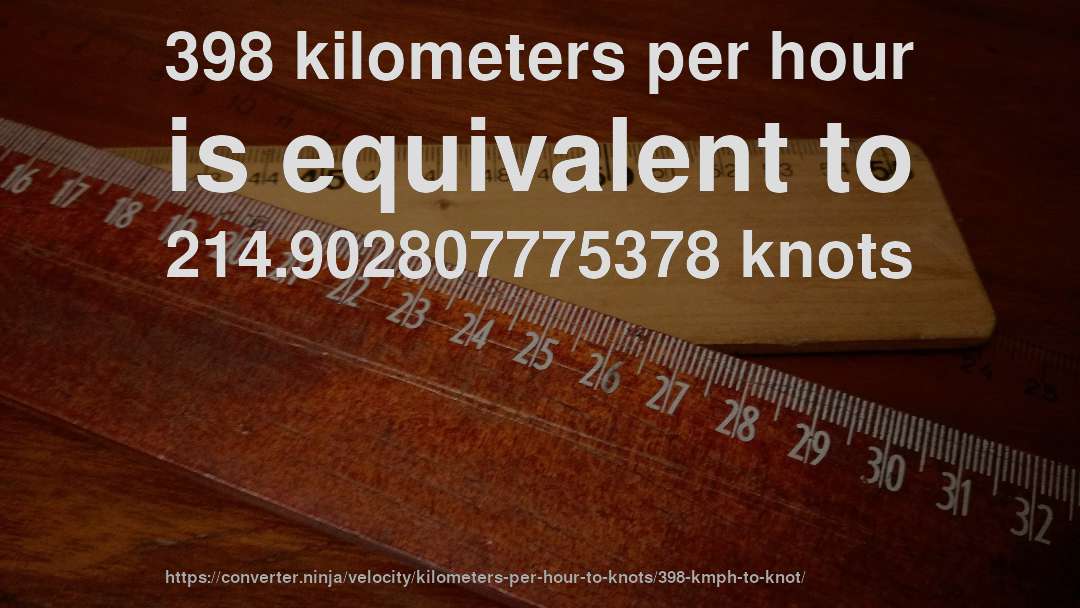 398 kilometers per hour is equivalent to 214.902807775378 knots