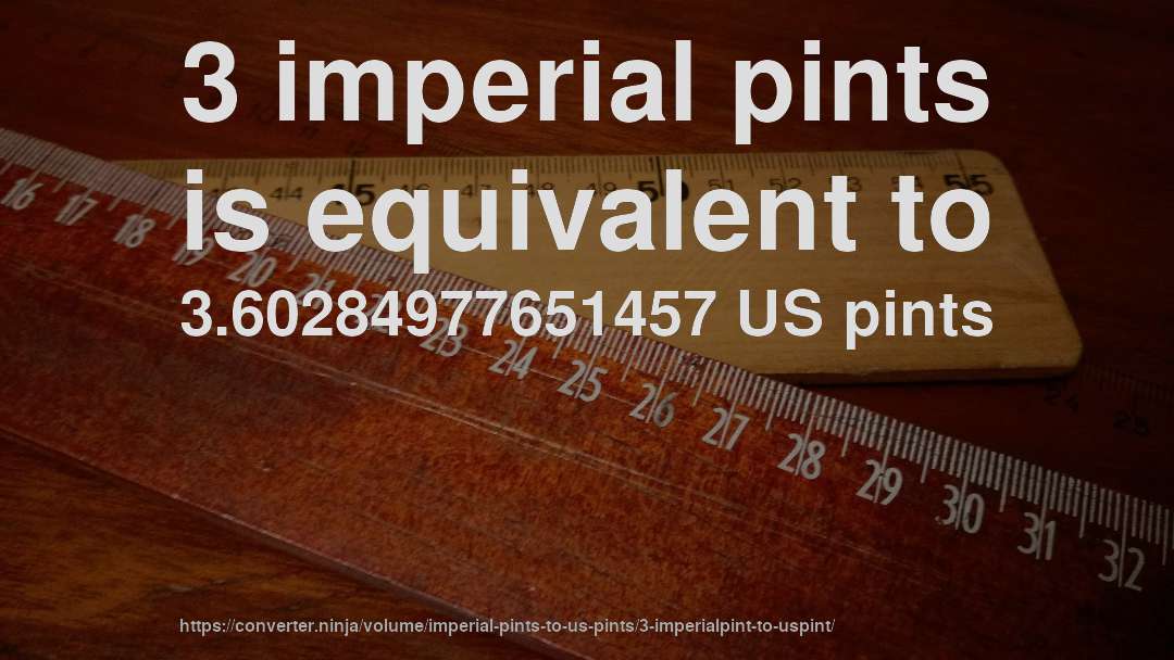 3 imperial pints is equivalent to 3.60284977651457 US pints