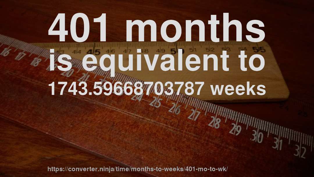 401 months is equivalent to 1743.59668703787 weeks