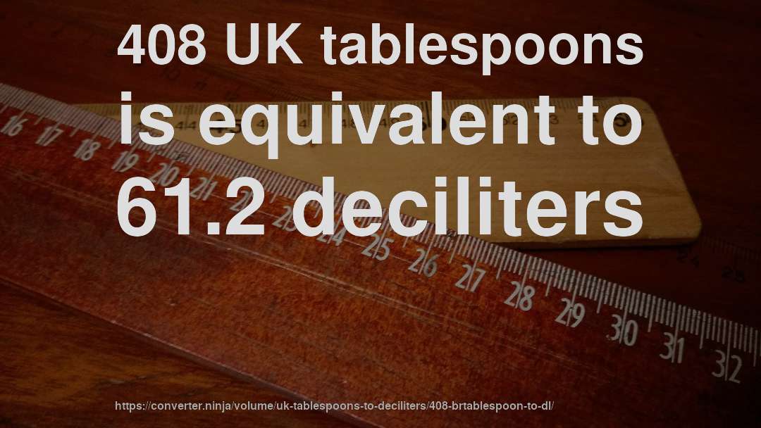 408 UK tablespoons is equivalent to 61.2 deciliters