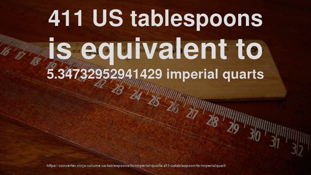 411 US tablespoons is equivalent to 5.34732952941429 imperial quarts