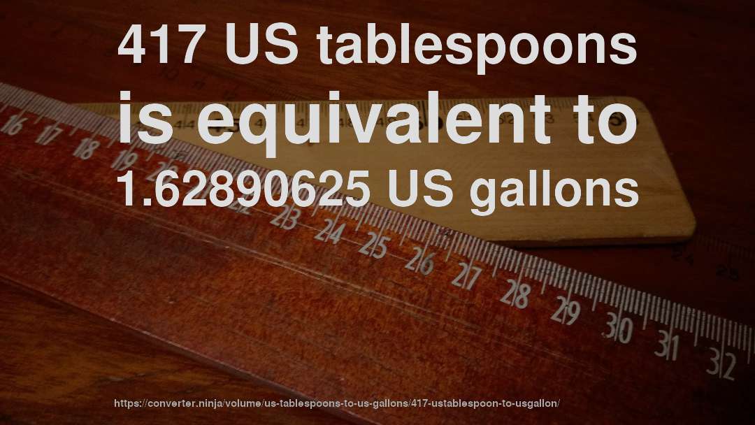 417 US tablespoons is equivalent to 1.62890625 US gallons