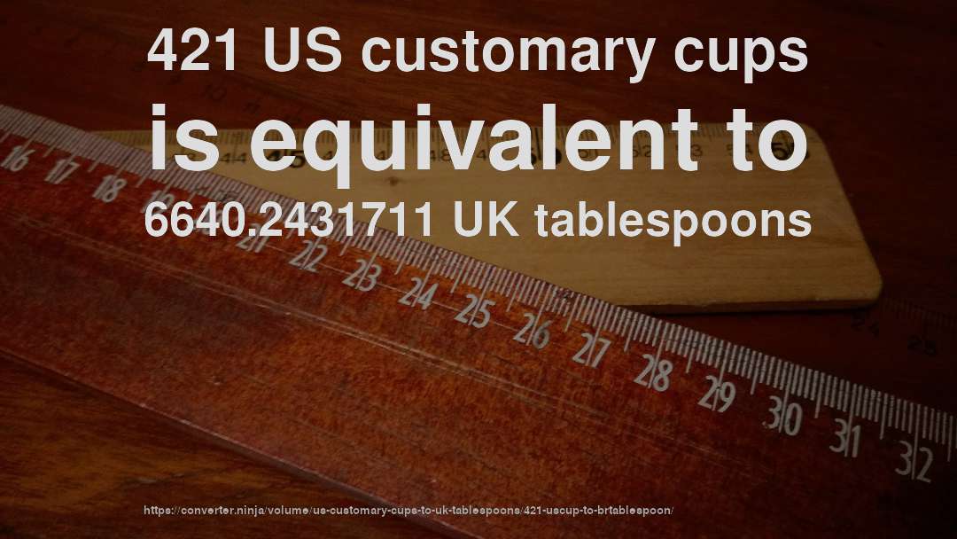 421 US customary cups is equivalent to 6640.2431711 UK tablespoons