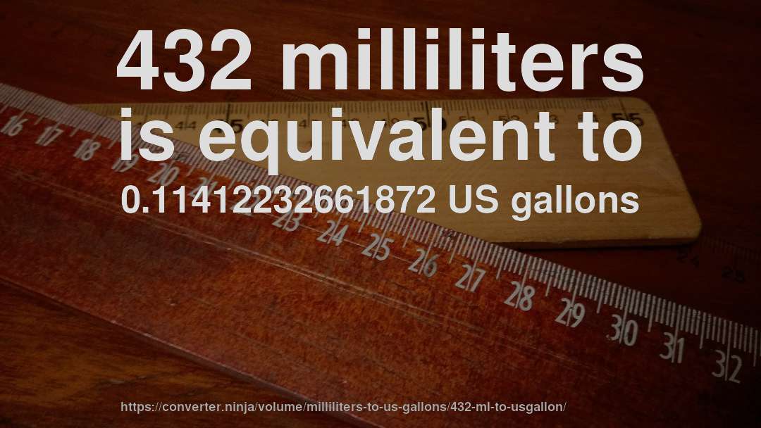 432 milliliters is equivalent to 0.11412232661872 US gallons