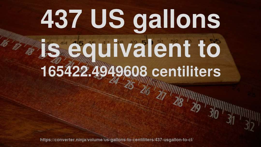 437 US gallons is equivalent to 165422.4949608 centiliters