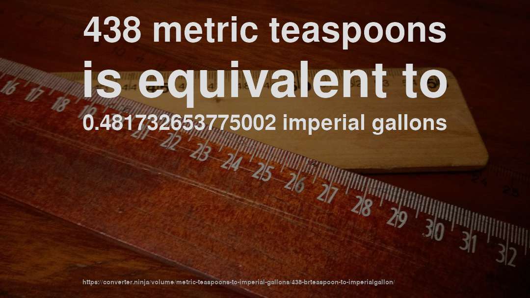 438 metric teaspoons is equivalent to 0.481732653775002 imperial gallons