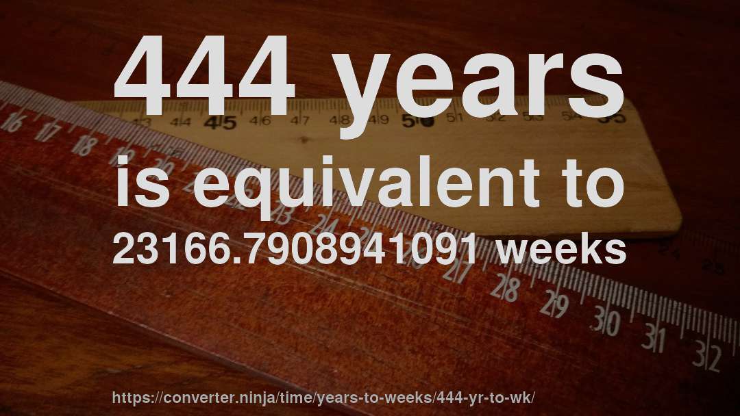 444 years is equivalent to 23166.7908941091 weeks