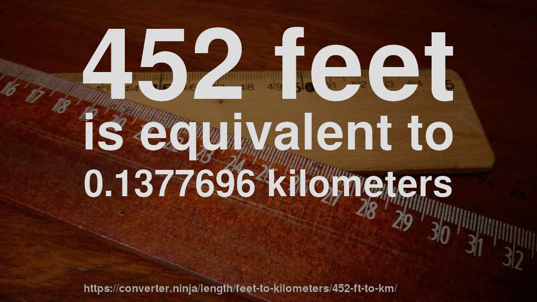 452 feet is equivalent to 0.1377696 kilometers