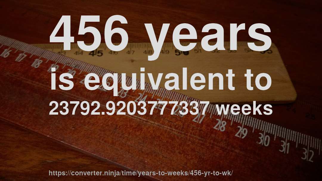 456 years is equivalent to 23792.9203777337 weeks