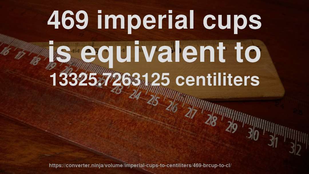 469 imperial cups is equivalent to 13325.7263125 centiliters