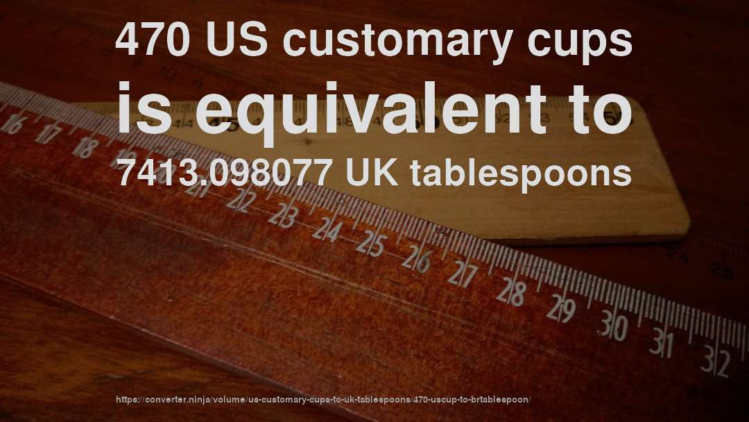 470 US customary cups is equivalent to 7413.098077 UK tablespoons