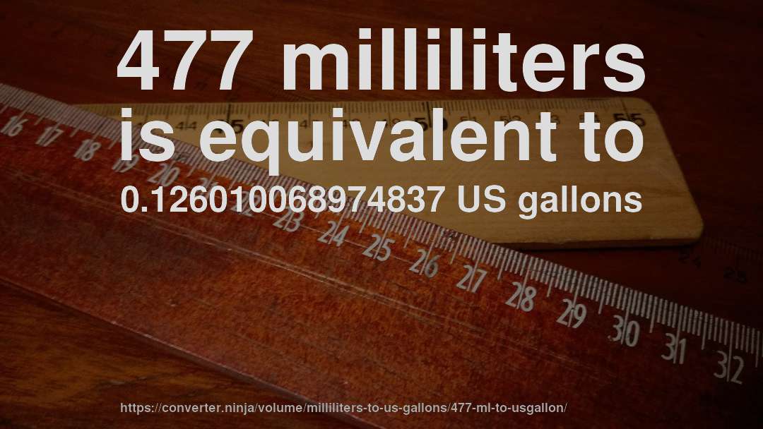 477 milliliters is equivalent to 0.126010068974837 US gallons