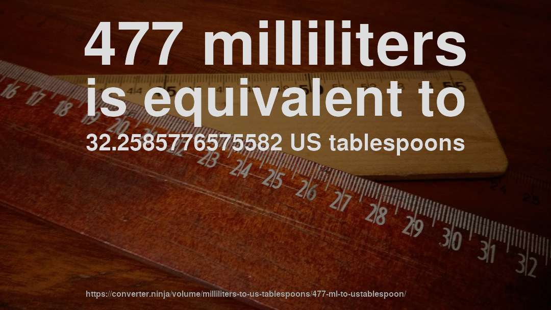 477 milliliters is equivalent to 32.2585776575582 US tablespoons