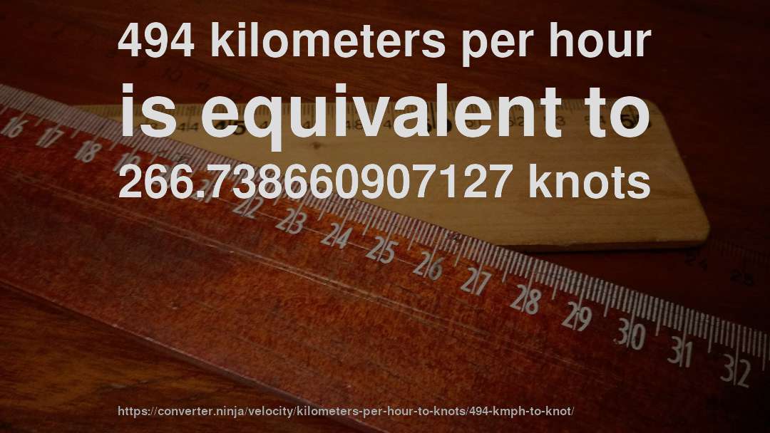494 kilometers per hour is equivalent to 266.738660907127 knots