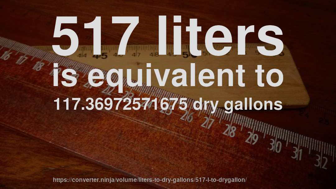 517 liters is equivalent to 117.36972571675 dry gallons
