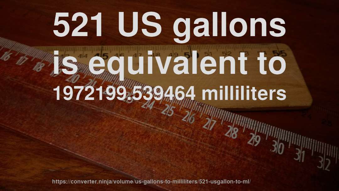 521 US gallons is equivalent to 1972199.539464 milliliters