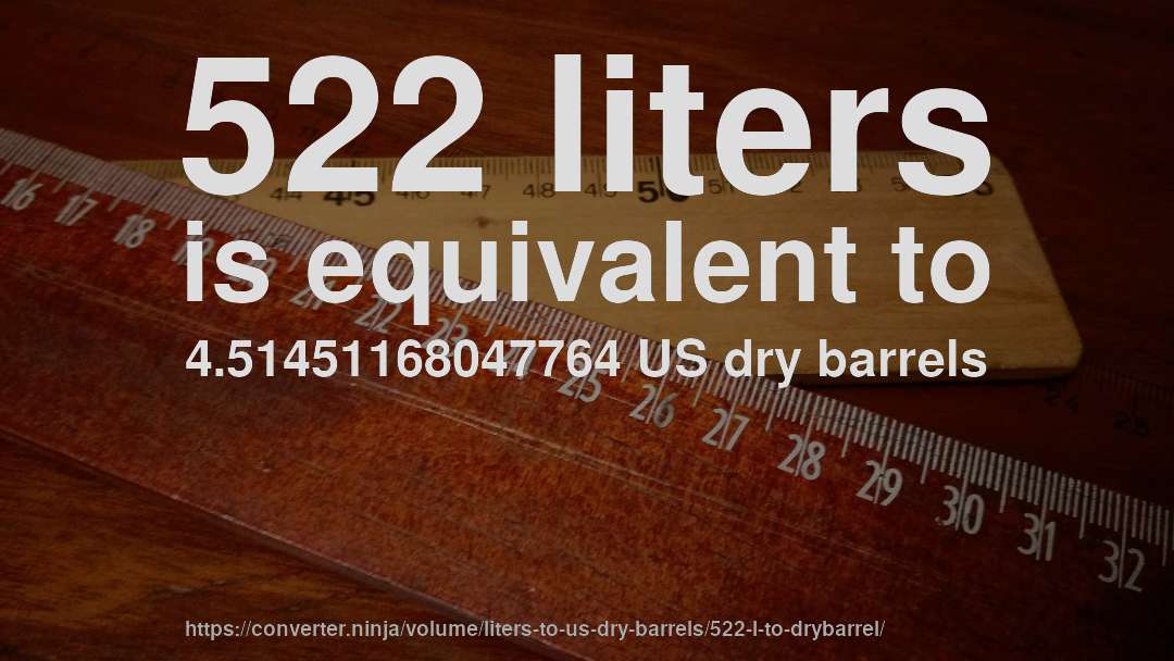 522 liters is equivalent to 4.51451168047764 US dry barrels