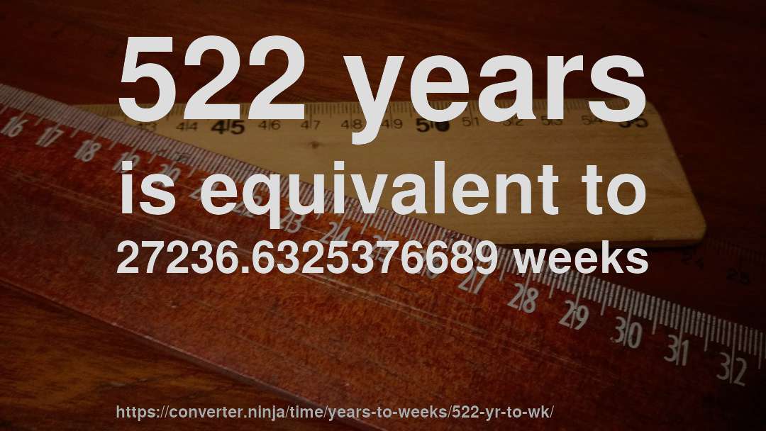 522 years is equivalent to 27236.6325376689 weeks