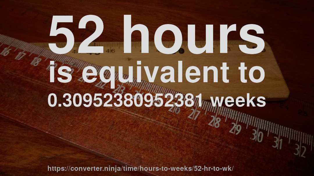 52 hours is equivalent to 0.30952380952381 weeks