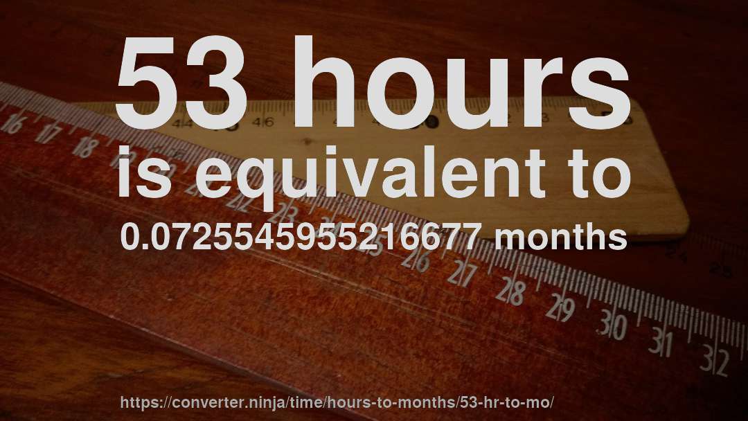 53 hours is equivalent to 0.0725545955216677 months