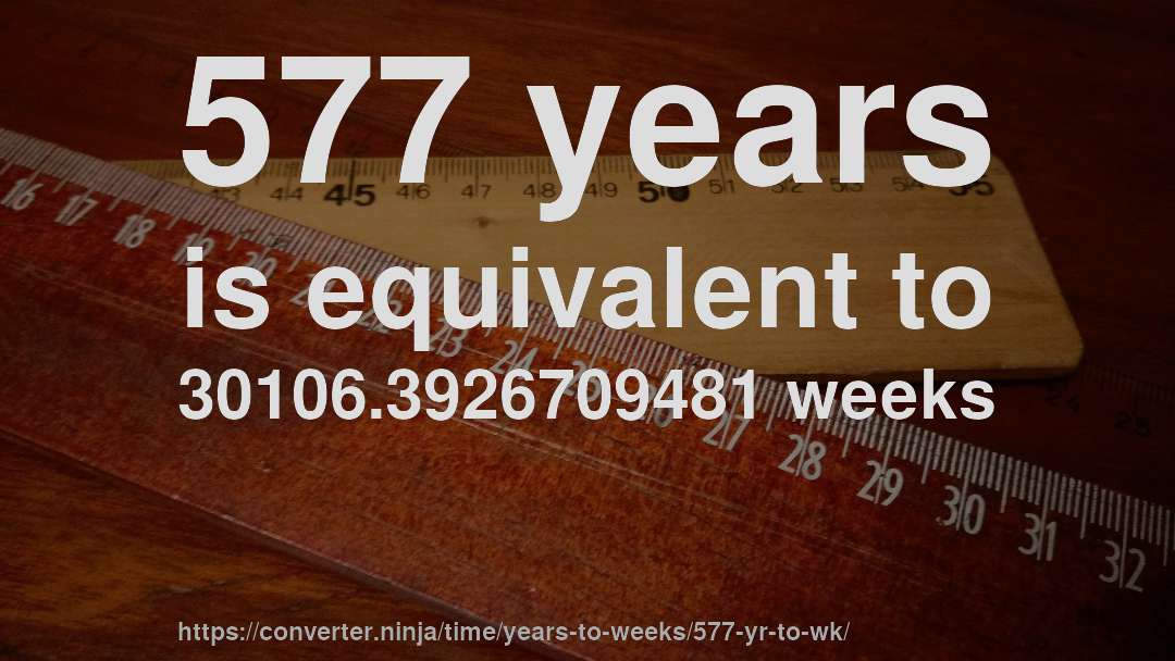577 years is equivalent to 30106.3926709481 weeks