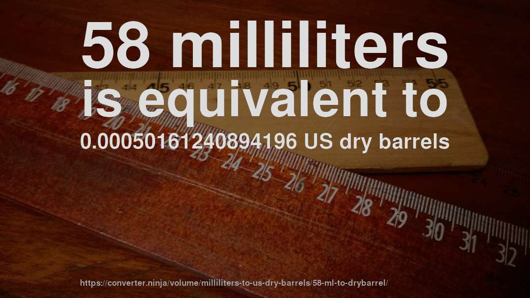 58 milliliters is equivalent to 0.00050161240894196 US dry barrels