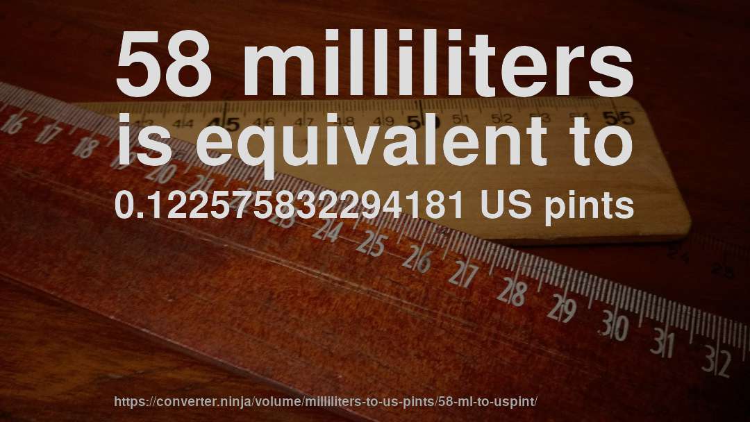 58 milliliters is equivalent to 0.122575832294181 US pints