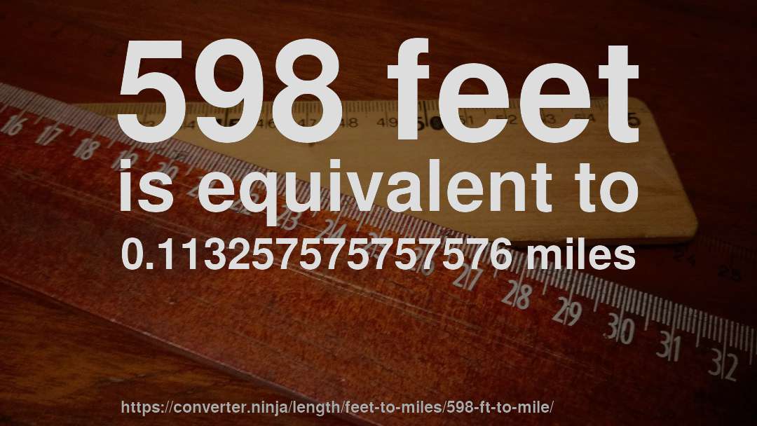 598 feet is equivalent to 0.113257575757576 miles