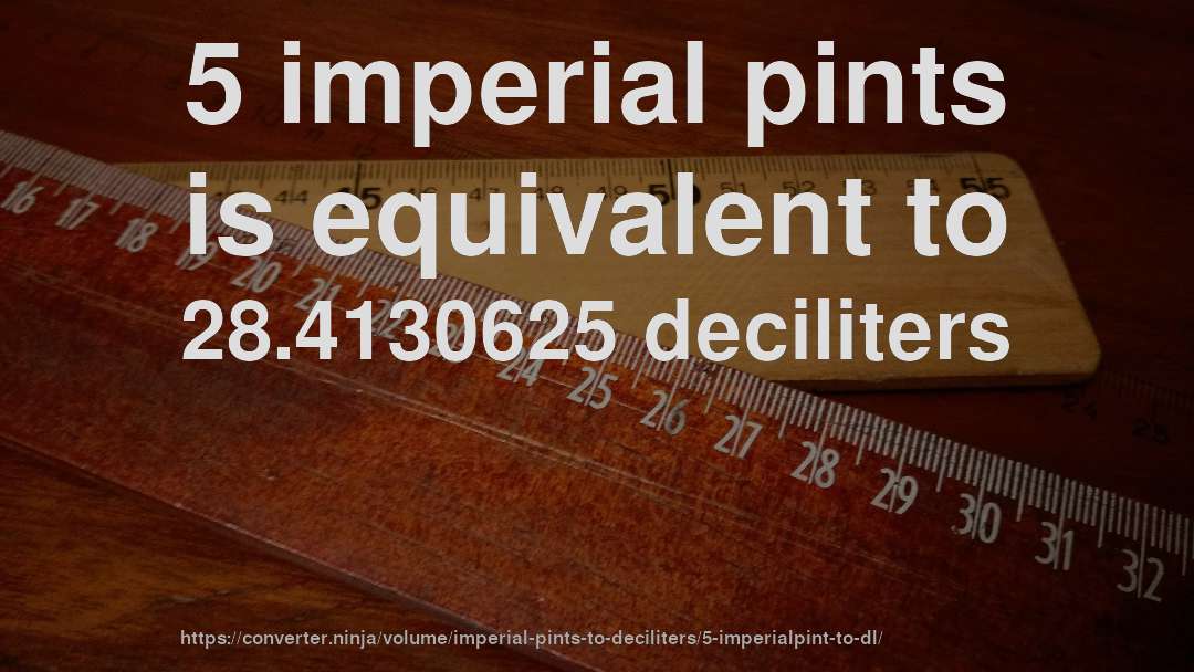 5 imperial pints is equivalent to 28.4130625 deciliters
