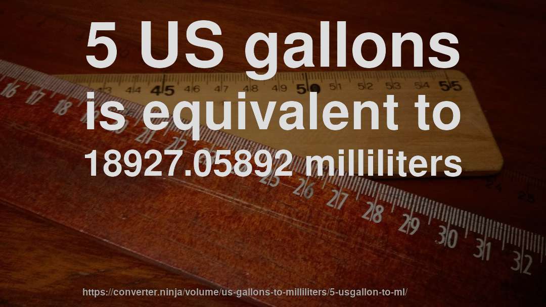 5 US gallons is equivalent to 18927.05892 milliliters