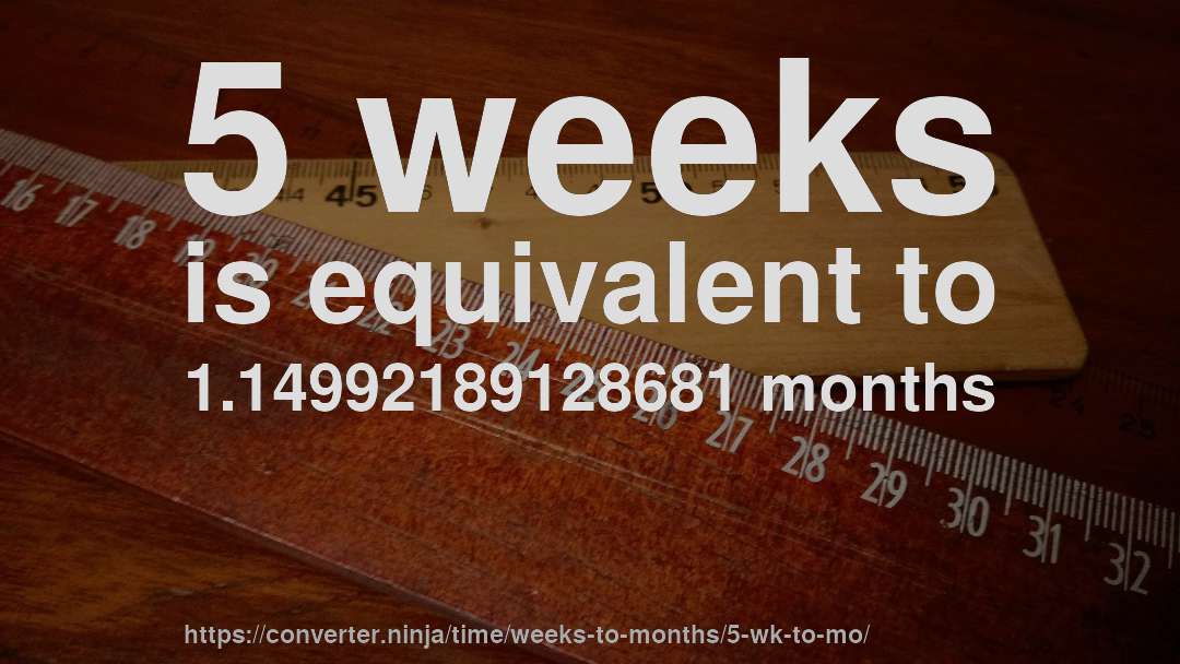 5 weeks is equivalent to 1.14992189128681 months