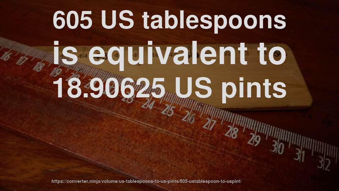 605 US tablespoons is equivalent to 18.90625 US pints