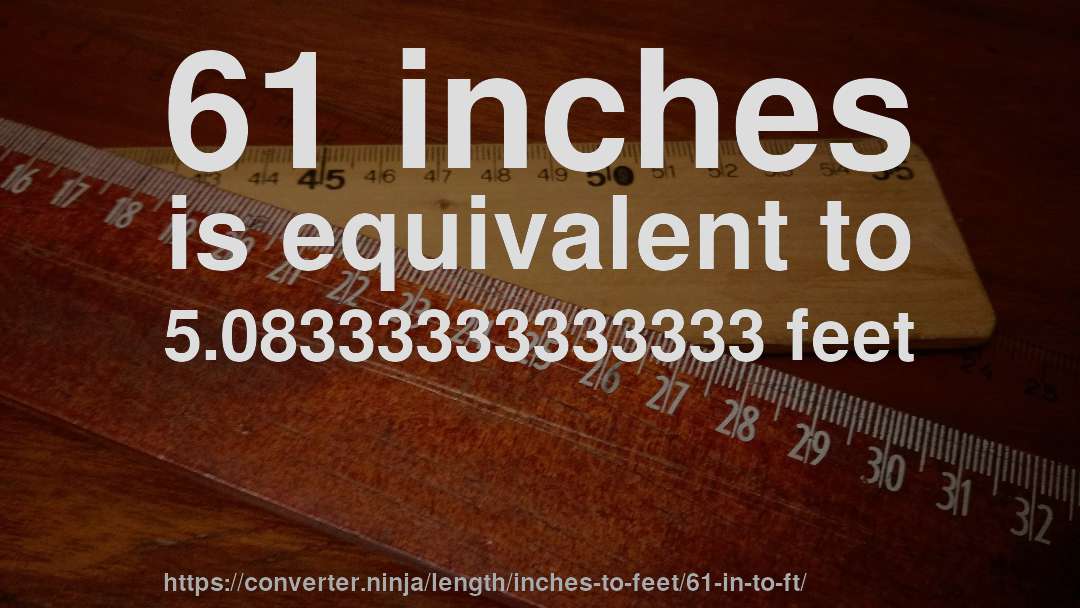 61 inches is equivalent to 5.08333333333333 feet