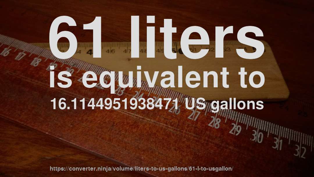 61 liters is equivalent to 16.1144951938471 US gallons
