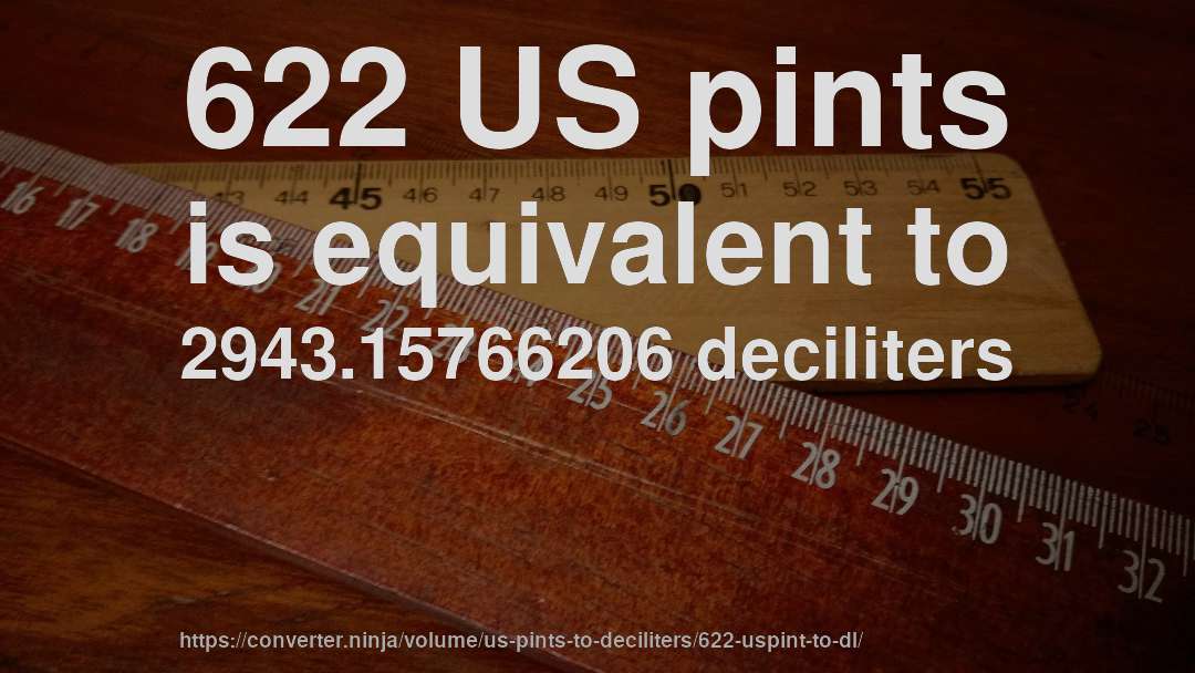 622 US pints is equivalent to 2943.15766206 deciliters