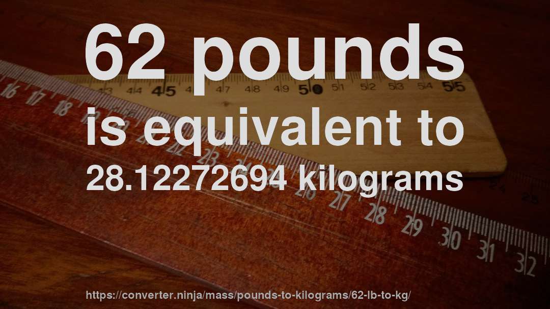 62 pounds is equivalent to 28.12272694 kilograms