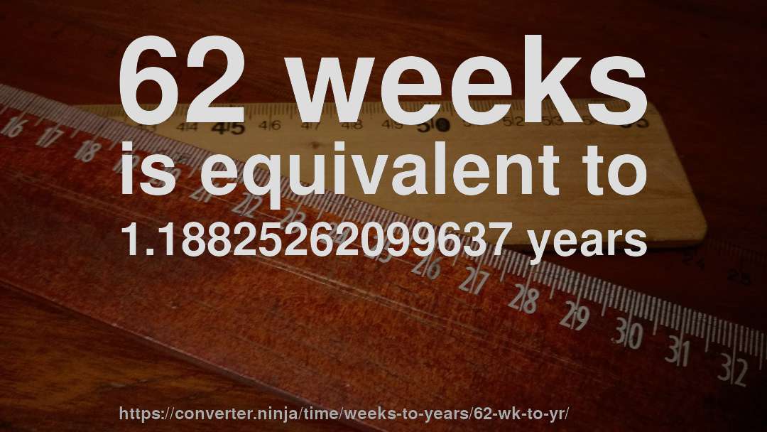 62 weeks is equivalent to 1.18825262099637 years
