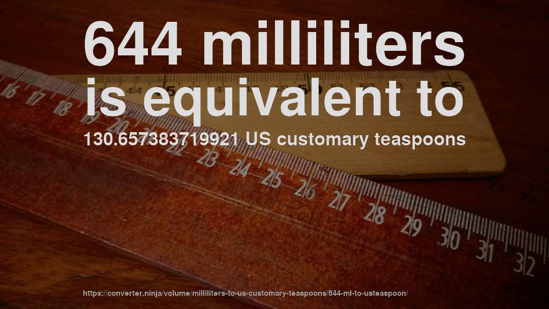 644 milliliters is equivalent to 130.657383719921 US customary teaspoons