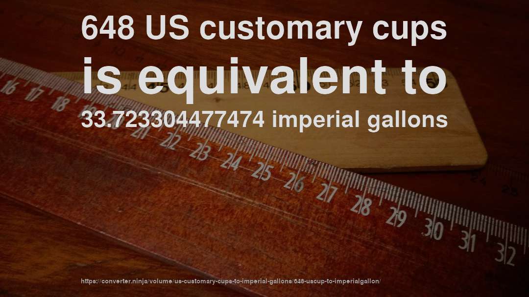 648 US customary cups is equivalent to 33.723304477474 imperial gallons