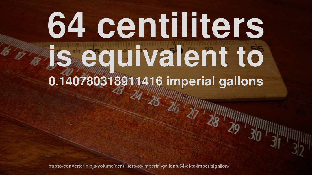 64 centiliters is equivalent to 0.140780318911416 imperial gallons