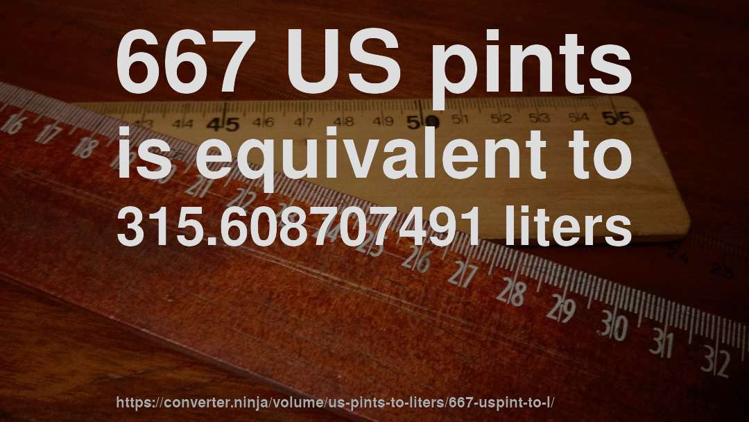 667 US pints is equivalent to 315.608707491 liters