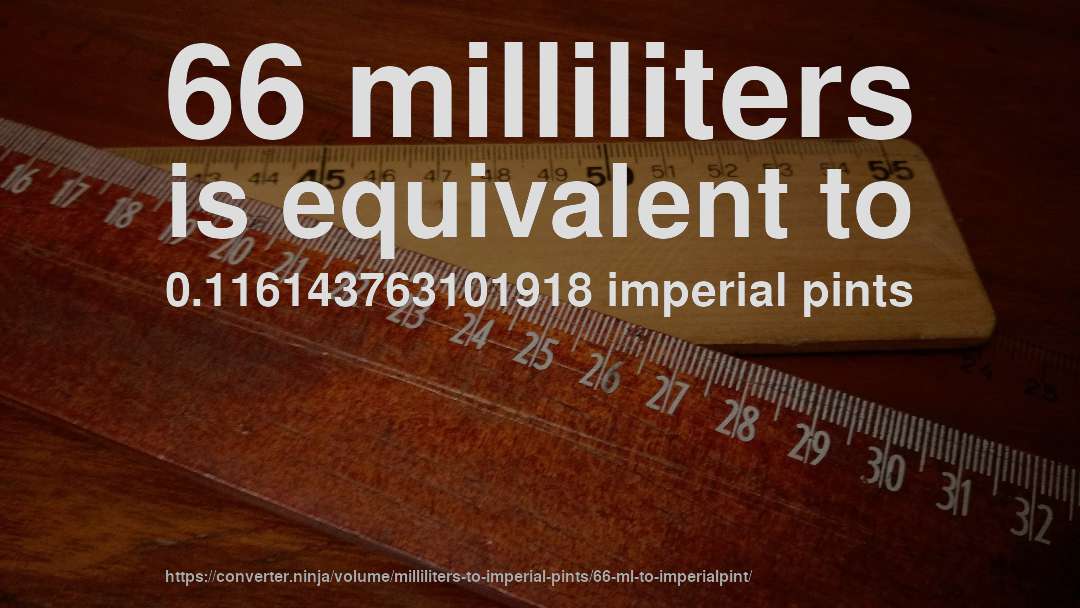 66 milliliters is equivalent to 0.116143763101918 imperial pints
