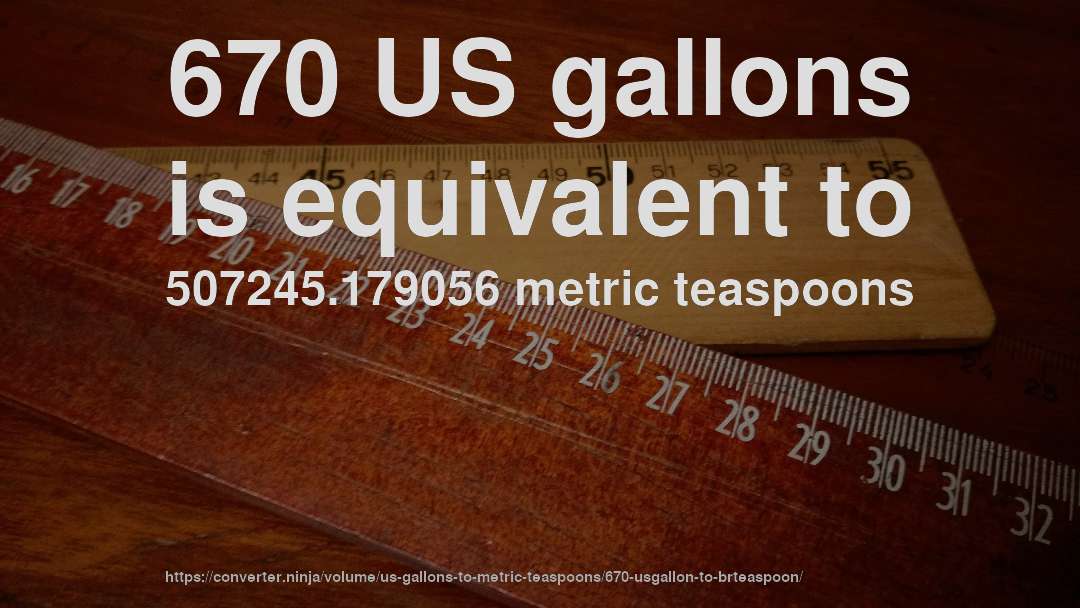 670 US gallons is equivalent to 507245.179056 metric teaspoons