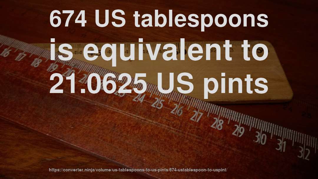 674 US tablespoons is equivalent to 21.0625 US pints